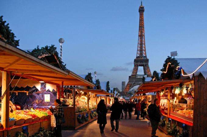 At the foot of the Eiffel Tower is the Champs de Mars Christmas Village